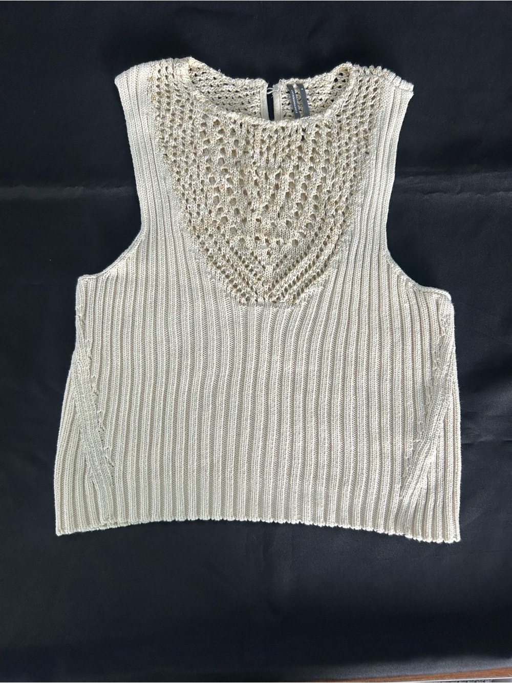 Anthropologie Ribbed Knit Tank with Openwork V Yoke - Cream